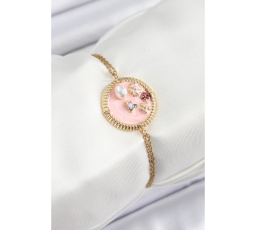 316L Çelik Zincir Pembe Mineli Sanatsal Portre İnci Detaylı Çiçek Model Gold Renk Kadın Bileklik