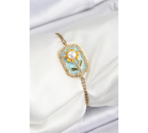 316L Çelik Zincir Turkuaz Mineli Sanatsal Portre İnci Detaylı Papatya Model Gold Renk Kadın Bileklik