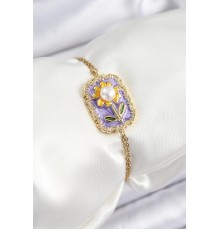 316L Çelik Zincir Mor Mineli Sanatsal Portre İnci Detaylı Papatya Model Gold Renk Kadın Bileklik