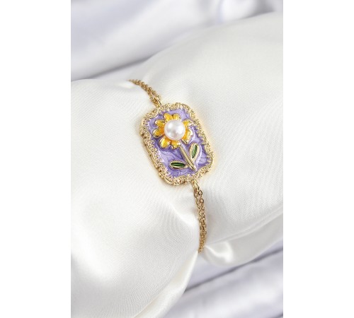 316L Çelik Zincir Mor Mineli Sanatsal Portre İnci Detaylı Papatya Model Gold Renk Kadın Bileklik