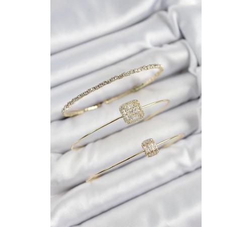 Pirinç Zirkon Taşlı Baget Model Gold Renk Vip 3'lü Kadın Bileklik