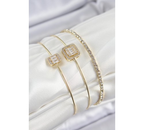 Pirinç Zirkon Taşlı Baget Model Gold Renk Vip 3'lü Kadın Bileklik