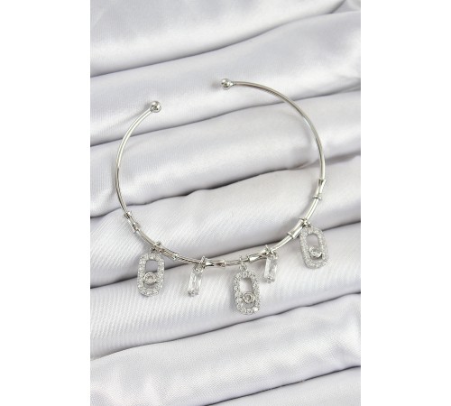 Pirinç Zirkon Taşlı Dikdörtgen Model Gümüş Renk Charm Bileklik