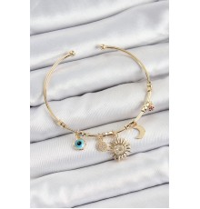 Pirinç Zirkon Taşlı Güneş Ay Nazar Model Gold Renk Charm Bileklik