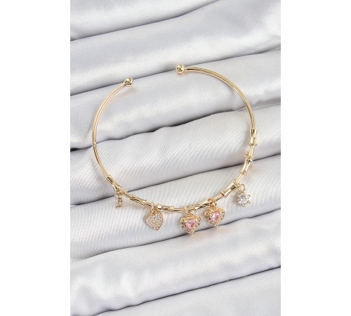 Pirinç Zirkon Taşlı Pembe Kalp Model Gold Renk Charm Bileklik