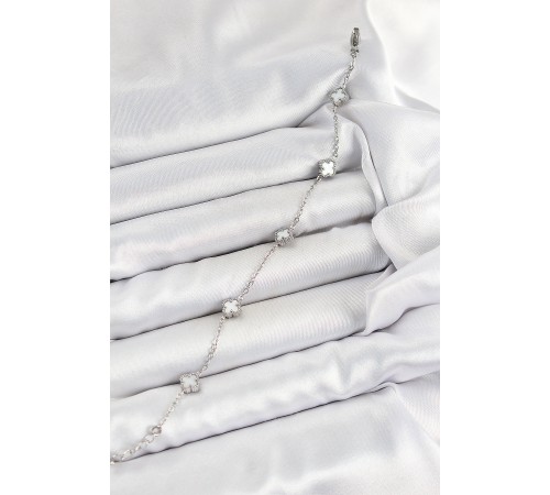 316L Çelik Beyaz Sedef Yonca Model Gümüş Renk Kadın Bileklik