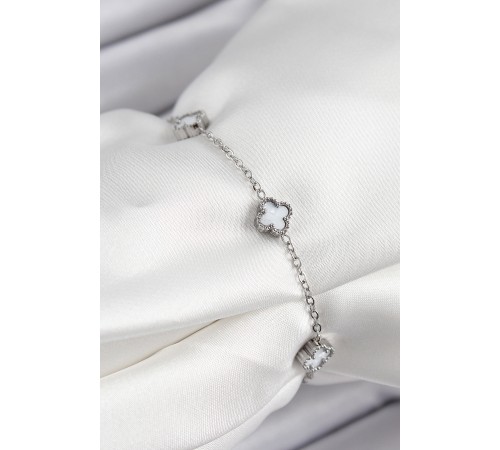 316L Çelik Beyaz Sedef Yonca Model Gümüş Renk Kadın Bileklik