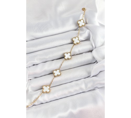 316L Çelik Beyaz Sedef Yonca Model Gold Renk Kadın Bileklik