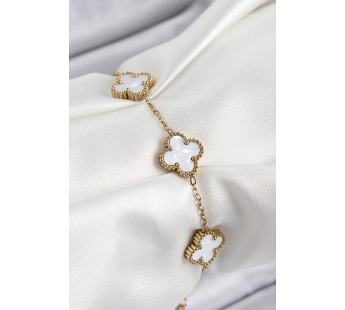 316L Çelik Beyaz Sedef Yonca Model Gold Renk Kadın Bileklik