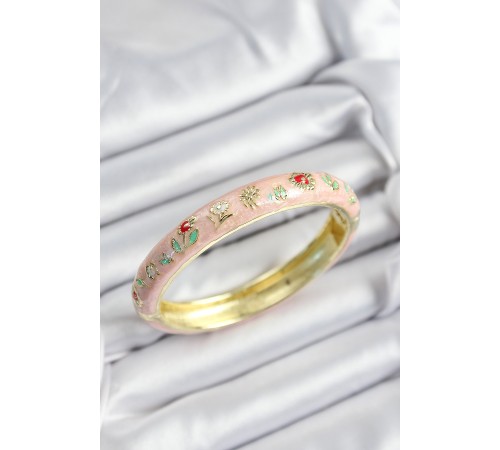 Mineli Pirinç Pembe Çiçek Motifli Gold Renk Kadın Kelepçe