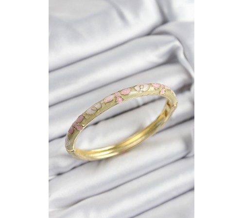 Mineli Pirinç Pembe Hardal Ve Krem Çiçek Motifli Gold Renk Kadın Kelepçe