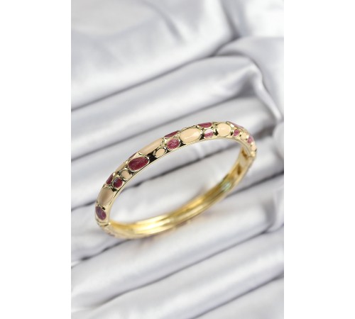 Mineli Pirinç Fuşya Ve Krem Petek Motifli Gold Renk Kadın Kelepçe