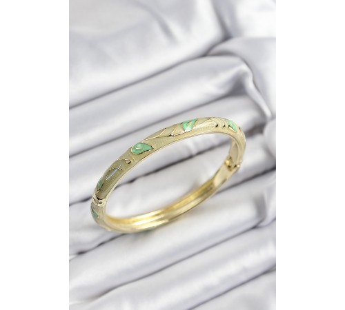 Mineli Pirinç Yeşil Yaprak Motifli Gold Renk Kadın Kelepçe