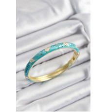 Mineli Pirinç Krem Ve Turkuaz Yaprak Motifli Gold Renk Kadın Kelepçe