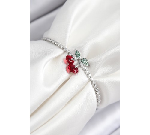 Pirinç Zirkon Taşlı Kiraz Model Gümüş Renk Asansörlü Kadın Bileklik