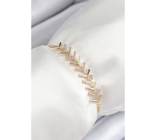 Pirinç Zirkon Taşlı Sıralı Ok Model Gold Renk Asansörlü Kadın Bileklik