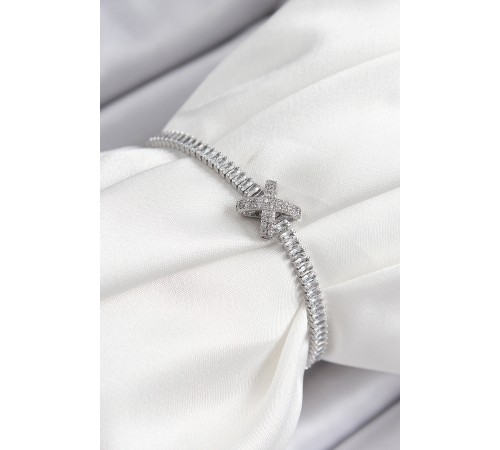 Pirinç Zirkon Taşlı X Detaylı Su Yolu Model Gümüş Renk Asansörlü Kadın Bileklik