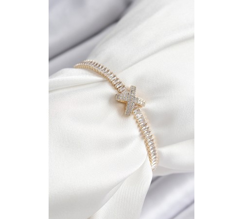 Pirinç Zirkon Taşlı X Detaylı Su Yolu Model Gold Renk Asansörlü Kadın Bileklik