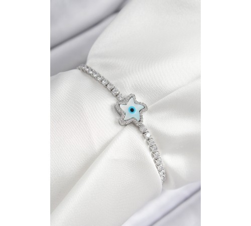 Pirinç Zirkon Taşlı Nazar Yıldız Model Gümüş Renk Asansörlü Kadın Bileklik