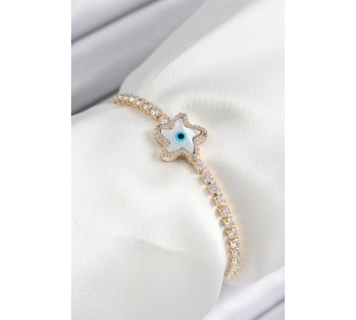 Pirinç Zirkon Taşlı Nazar Yıldız Model Gold Renk Asansörlü Kadın Bileklik