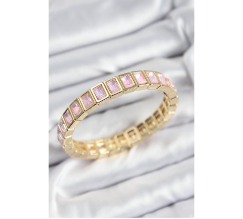 Pirinç Pembe Zirkon Taşlı Dikdörtgen Model Gold Renk Lastikli Kadın Bileklik