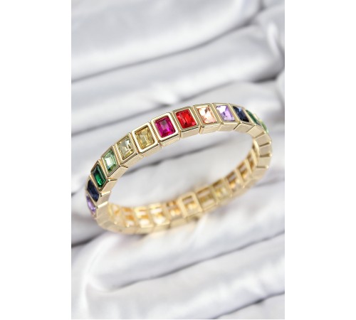 Pirinç Karışık Zirkon Taşlı Dikdörtgen Model Gold Renk Lastikli Kadın Bileklik