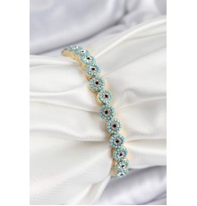 Pirinç Zirkon Taşlı Turkuaz Nazar Model Gold Renk Lastikli Kadın Bileklik