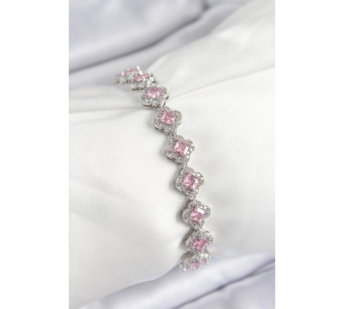 Pirinç Zirkon Taşlı Pembe Yonca Baget Model Gümüş Renk VIP Seri Kadın Bileklik