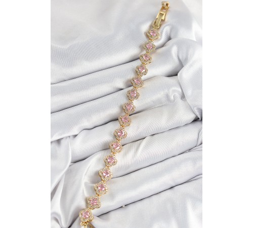 Pirinç Zirkon Taşlı Pembe Yonca Baget Model Gold Renk VIP Seri Kadın Bileklik