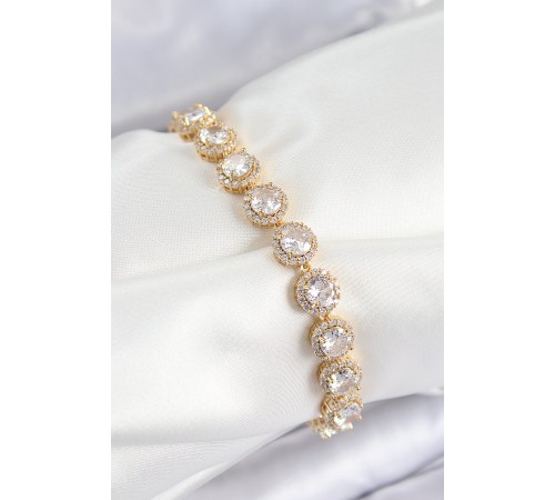 Pirinç Zirkon Taşlı Daire Baget Model Gold Renk VIP Seri Kadın Bileklik