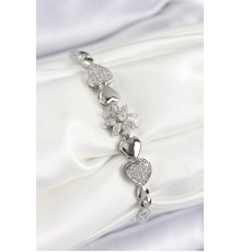 Pirinç Zirkon Taşlı Kalp Detaylı Çiçek Model Gümüş Renk Kadın Bileklik