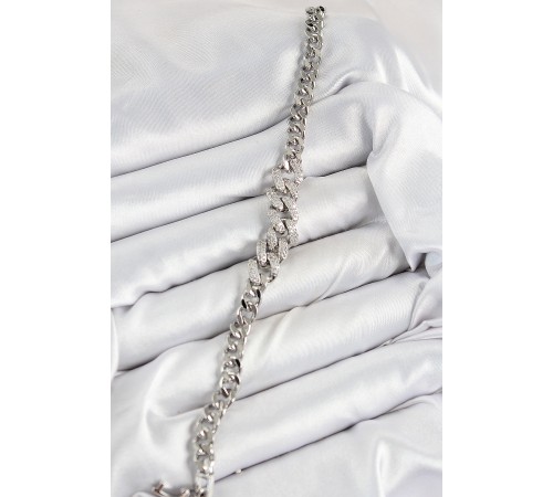 Pirinç Zirkon Taşlı Küba Zincir Model Gümüş Renk Kadın Bileklik