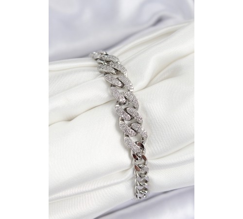 Pirinç Zirkon Taşlı Küba Zincir Model Gümüş Renk Kadın Bileklik