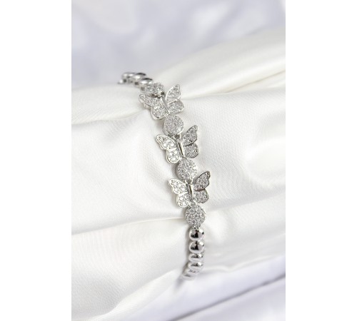 Pirinç Zirkon Taşlı Kelebek Model Gümüş Renk Kadın Bileklik