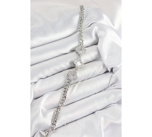 Pirinç Zirkon Taşlı Yonca Model Gümüş Renk Kadın Bileklik