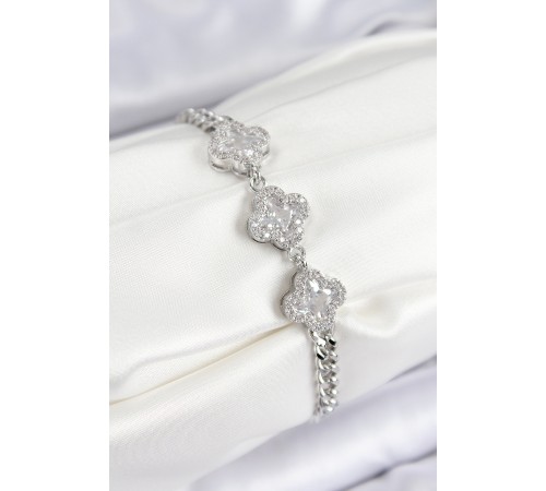 Pirinç Zirkon Taşlı Yonca Model Gümüş Renk Kadın Bileklik