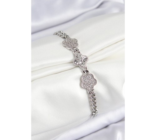 Pirinç Zirkon Taşlı Yonca Model Gümüş Renk Kadın Bileklik