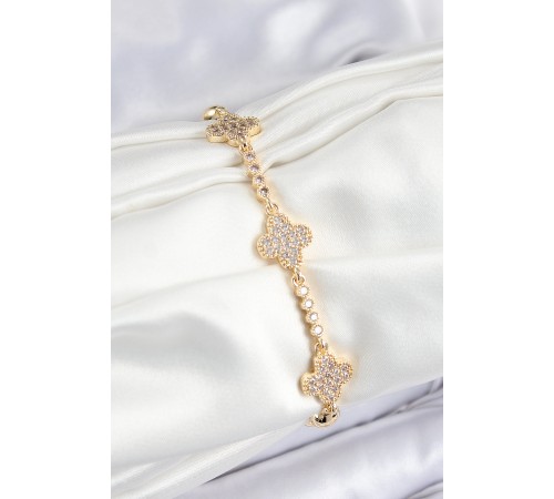 Pirinç Zirkon Taşlı Yonca Model Gold Renk Kadın Bileklik