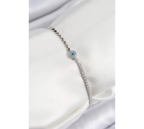 Pirinç Zirkon Taşlı Nazar Model Ezme Zincir Gümüş Renk Kadın Bileklik