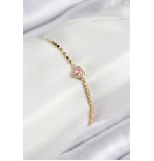 Pirinç Zirkon Taşlı Kalp Model Ezme Zincir Gold Renk Kadın Bileklik