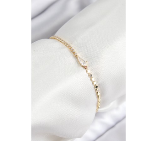 Pirinç Zirkon Taşlı Damla Model Ezme Zincir Gold Renk Kadın Bileklik