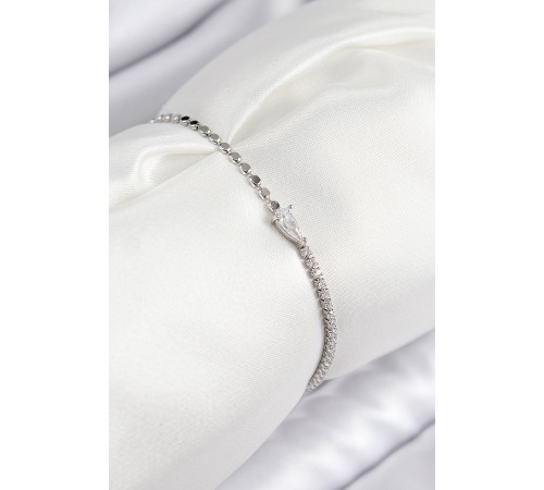 Pirinç Zirkon Taşlı Damla Model Ezme Zincir Gümüş Renk Kadın Bileklik