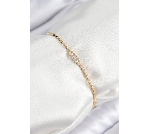 Pirinç Zirkon Taşlı Dikdörtgen Model Ezme Zincir Gold Renk Kadın Bileklik