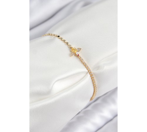 Pirinç Zirkon Taşlı Arı Model Ezme Zincir Gold Renk Kadın Bileklik