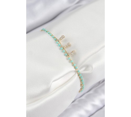 Pirinç Zirkon Taşlı Mavi Boncuklu Model Gold Renk Kadın Bileklik