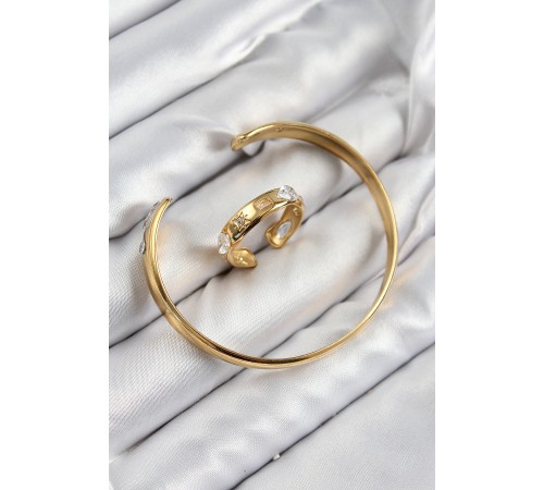 Pirinç Zirkon Taşlı Ayrık Model Gold Renk Bileklik Yüzük Set