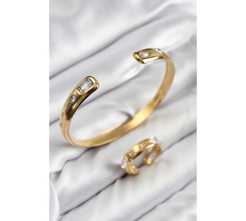 Pirinç Zirkon Taşlı Ayrık Model Gold Renk Bileklik Yüzük Set
