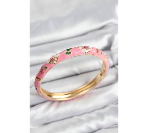 Mineli Pirinç Pembe Çiçek Motifli Gold Kadın Kelepçe