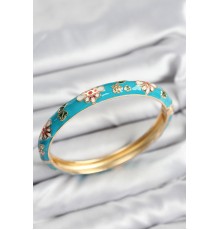 Mineli Pirinç Mavi Çiçek Motifli Gold Kadın Kelepçe