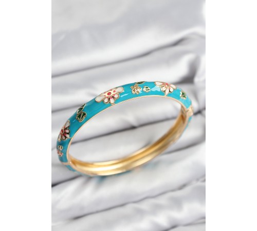 Mineli Pirinç Mavi Çiçek Motifli Gold Kadın Kelepçe